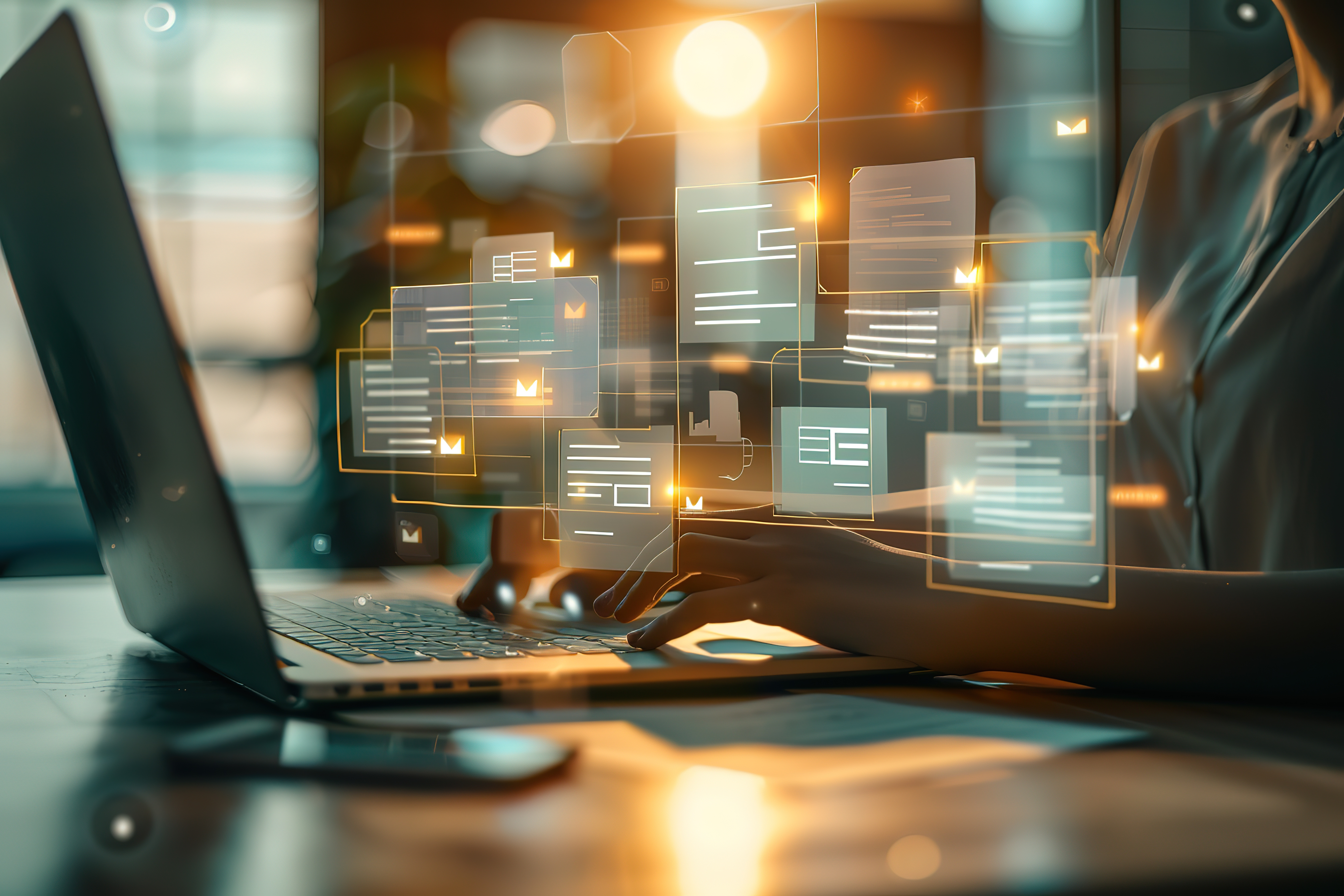 A person is using an AI powered document computer, with digital documents and forms floating in the air around them