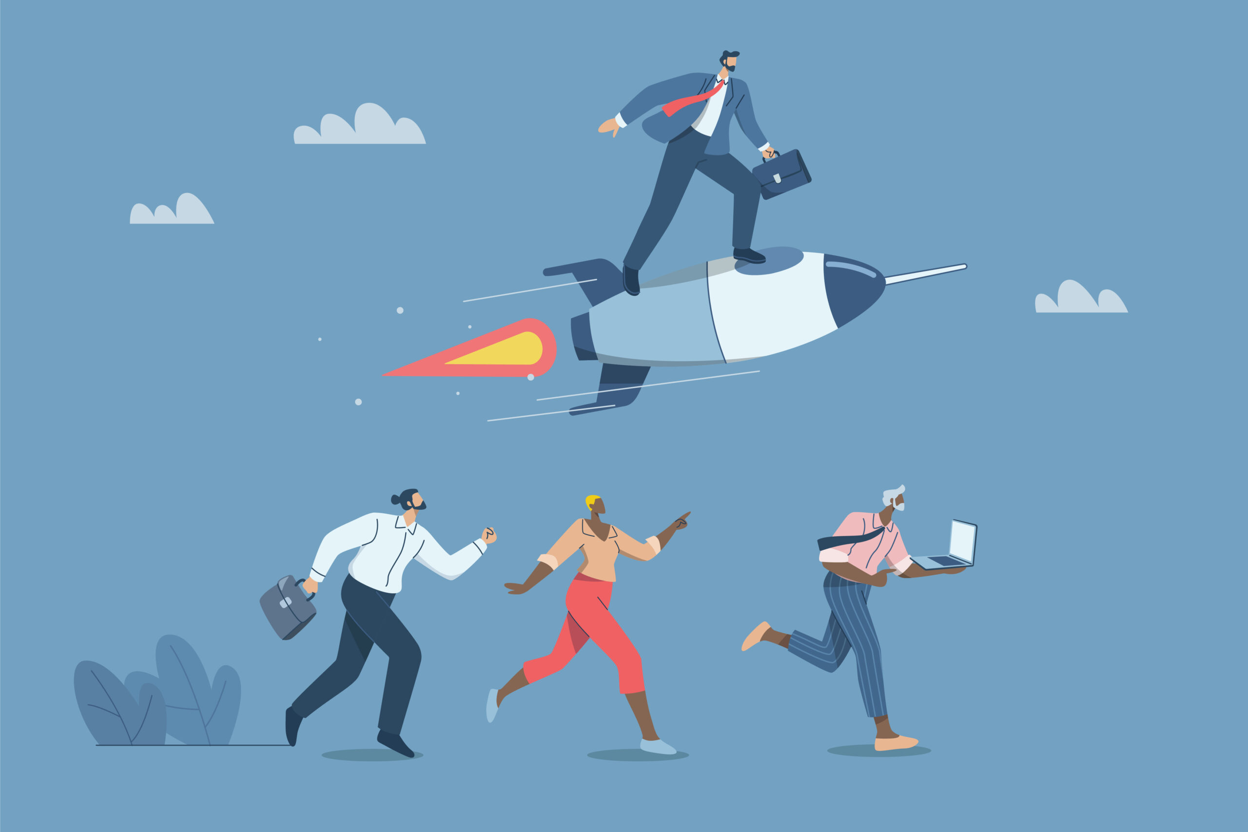 Defeating business competitors, New creativity creates competitive advantage, Business leaders win, Strategies and ideas for success, Businessman riding a rocket at high speed, Vector design.